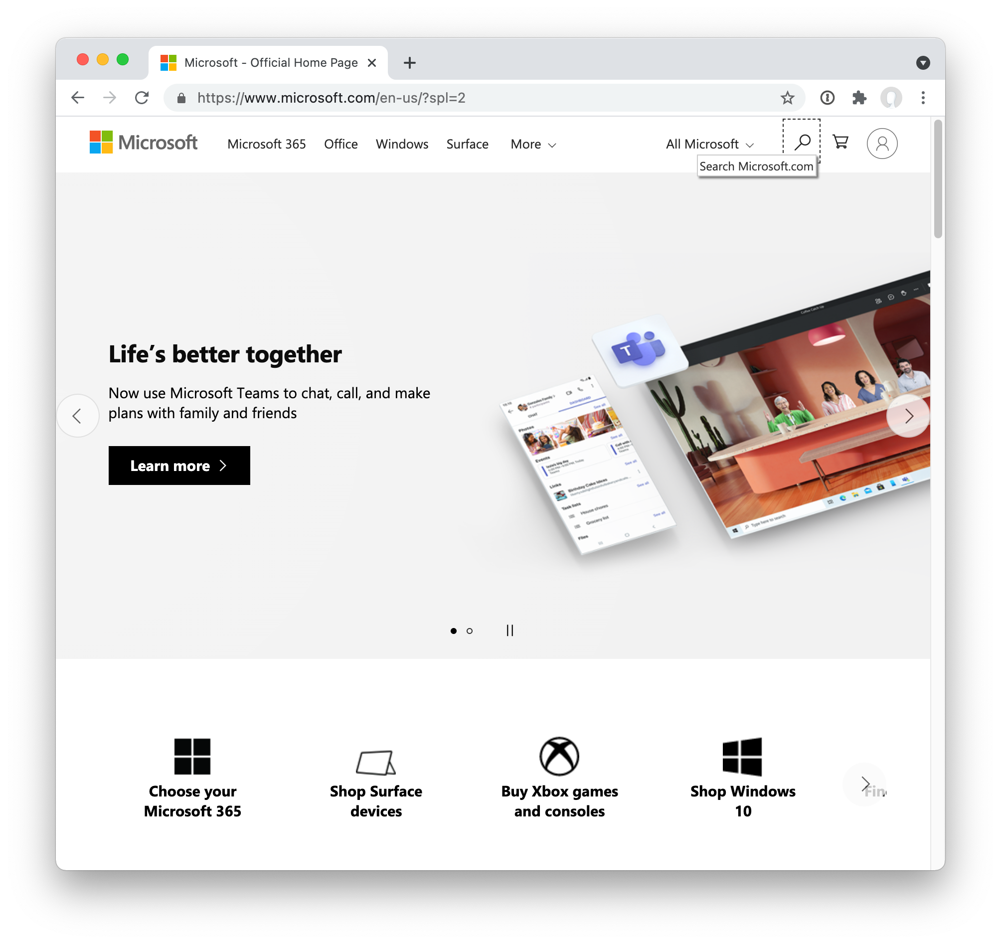 Screenshot der öffentlichen Website von Microsoft