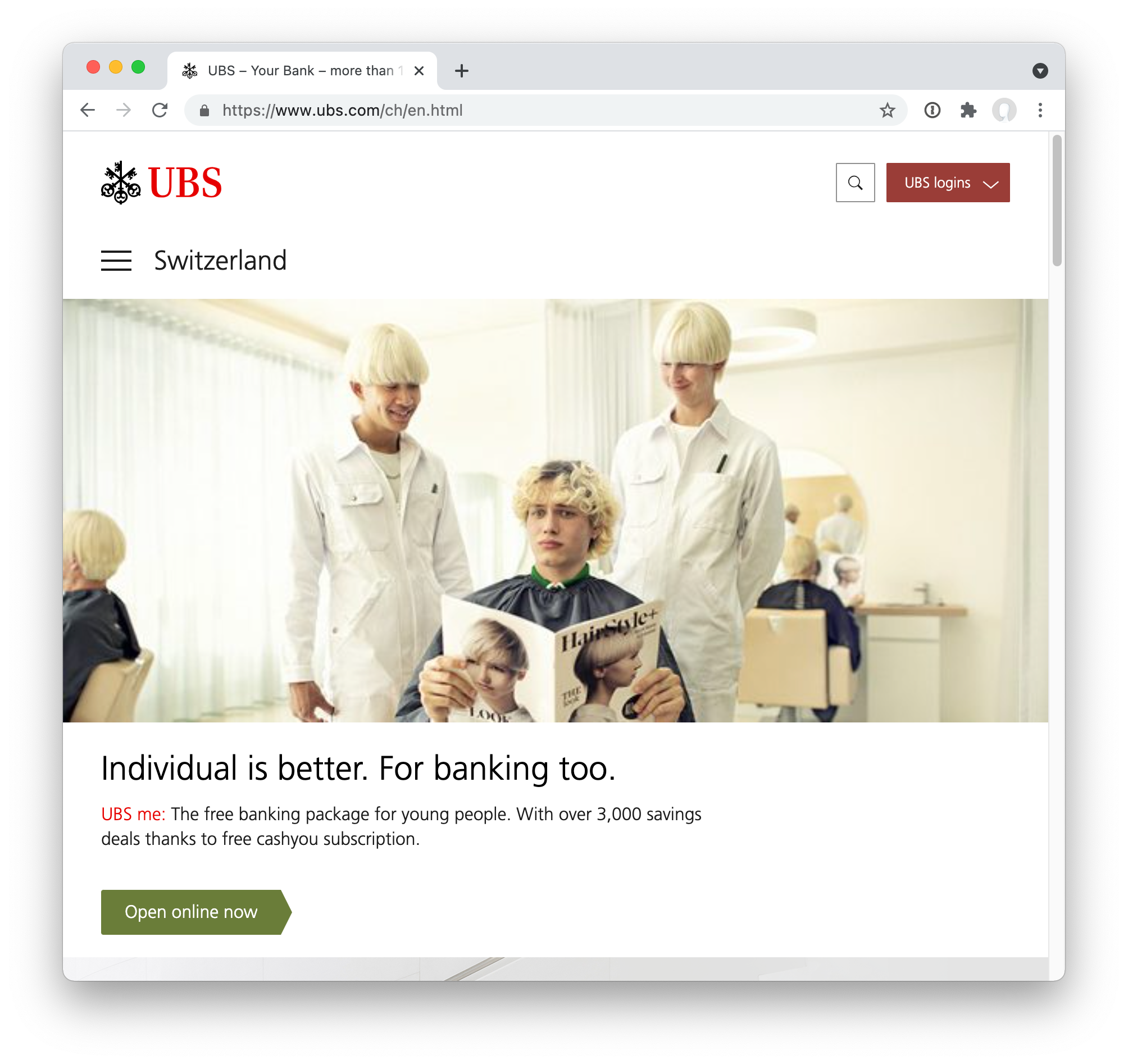 Screenshot der öffentlichen Website von UBS