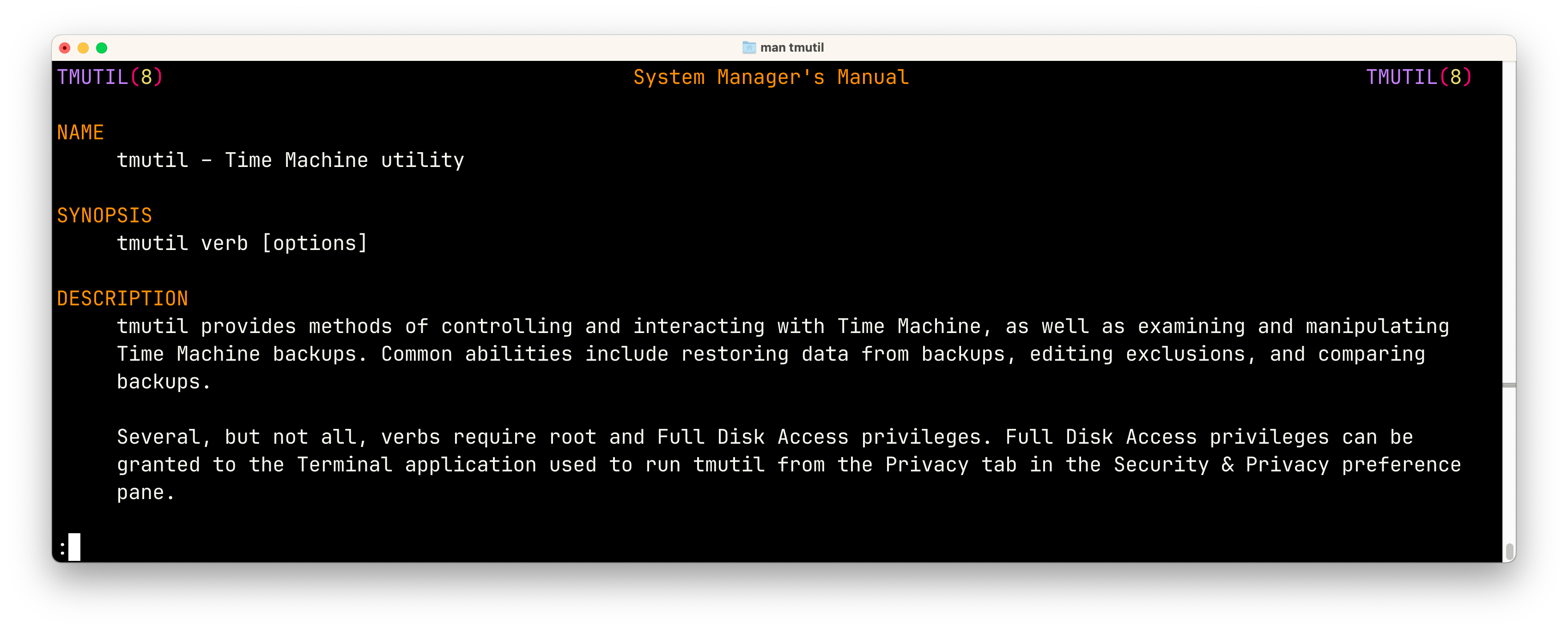 Screenshot of the man page of tmutil, a macOS command to manage Time Machine backups