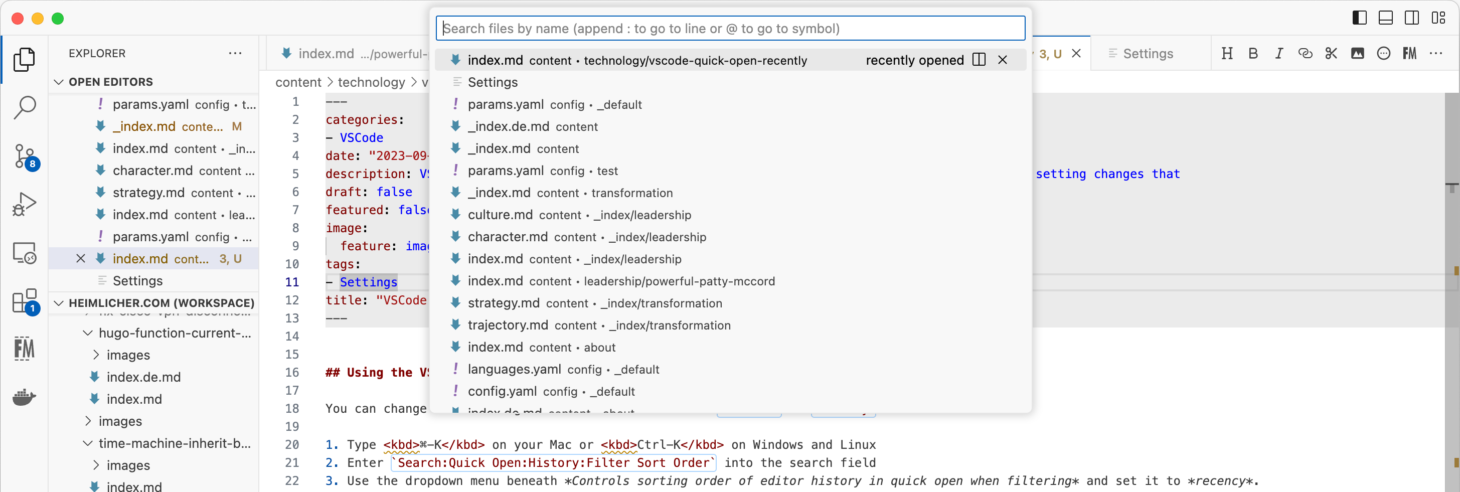 Vscode quick open settings recency